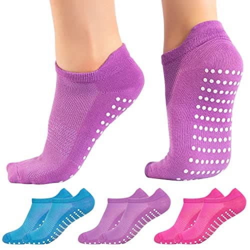 Image of Non-Slip Yoga & Pilates Socks (3 Pairs) - Grip Socks for Fitness, Dance, Barre, and Fall Prevention, Full Toe Ankle Design, Size UK 4-8 (Blue/Pink/Purple)