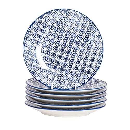 Image of Nicola Spring Hand-Printed Side Plates - 18cm - Navy - Pack of 6 - Porcelain Decorative Patterned Dining Dish Plates for Snacks, Starters, Dinner, Dessert