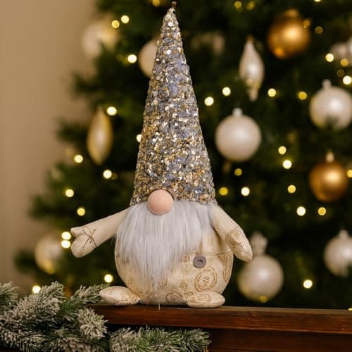 Image of Marco Paul 30cm Champagne Plush Christmas Gonk – Nordic Santa Gnome Ornament with Glitter Hat - Soft Plush Festive Decoration for Table, Mantel, Window & Xmas Home Décor Decoration
