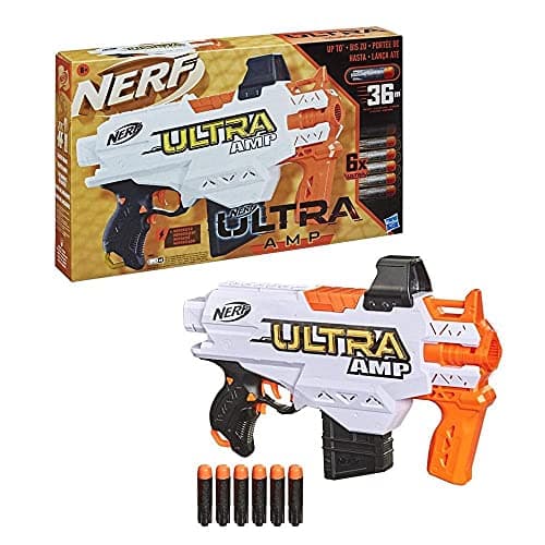 Image of Nerf Hasbro Ultra Amp Motorised Blaster, 6-Dart Clip, 6 Ultra Darts, Only Compatible Ultra Darts, Multicolor, 28.6 x 27.3 x 45.1 cm, N-A