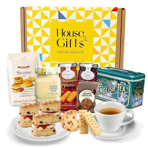 Image of Afternoon Cream Tea & Scones Hamper, Clotted Cream, Jam, Tea, and Biscuits | Perfect for Couples, Celebrations, Summer Picnic and Birthday Gifts for Women & Men