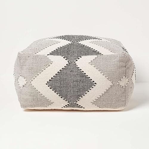 Image of HOMESCAPES Handwoven Black & Grey Pouffe Cube 55 x 55 cm Bean Bag Footstool with 100% Cotton Cover & Bean Filling “Malmo” Large Geometric Diamond Pattern Footrest for Living Room