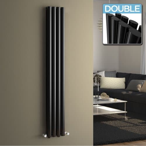 Image of iBathUK | 1600 x 240 mm Vertical Column Radiator Black Oval Double Panel Heater