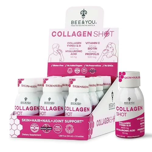 Image of BEE and You Collagen Liquid Shot Drink with Vitamin C, Propolis Extract, Hyaluronic Acid, Biotin, Promotes Skin, Hair, Nail and Joint Health, 1.69 fl. Oz x 12 Pack