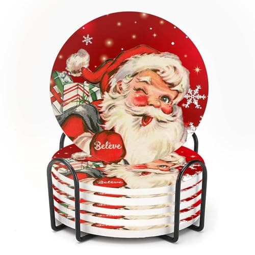 Image of ubcindy Christmas Joy Santa Claus Coasters for Drinks Set of 6,Round Absorbent Ceramic Coaster with Metal Holder, Red Snowflake Coasters with Cork Base for Coffee Table, Home Decor, Party, Gifts