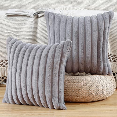 Image of Madizz Set of 2 Faux Fur Decorative Cushion Covers 18x18 inch, 45x45 cm, Grey Soft Couch Throw Pillows for Bed Modern Pillowcases for Sofa Livingroom Home Decor