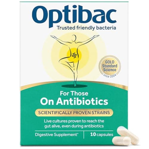 Image of Optibac Probiotics for Those On Antibiotics - Vegan Digestive Probiotic Supplement - Lactobacillus Specifically Researched Alongside Antibiotics - Most Trusted & Recommended Brand - 10 Capsules