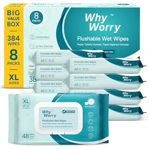 Image of WhyWorry Flushable Wipes for Adults, Extra Large 20x25 cm Flushable Toilet Wipes with Chamomile & Vitamin E, Moist Toilet Tissue, 100% Plant-Based, Septic & Sewer Safe, Unscented, 384 Count (8 Packs)