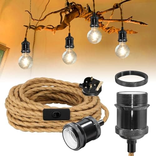 Image of Antique Brass Hanging Lamp with Plug in Cord, 510 cm Pearl Black Pendant Light Fitting, Vintage Copper Plug in Ceiling Lighting with E27 Bulb Socket, Industrial Hemp Rope Rope Lights, Indoor,No Bulb