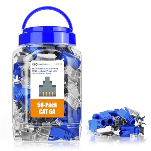 Image of Cable Matters 50-Pack Shielded Cat6a RJ45 Connector with Strain Relief Boots, 50µ Gold Plated Ethernet Plug, Shileded RJ45 Connecotrs