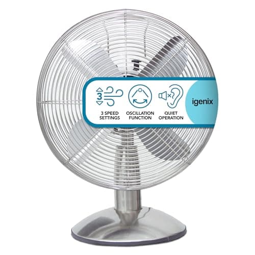 Image of Igenix DF1250 12” Portable Desk Fan – 3 Speed Settings, Quiet Oscillating Airflow, Retro Chrome Design – Ideal for Home & Office