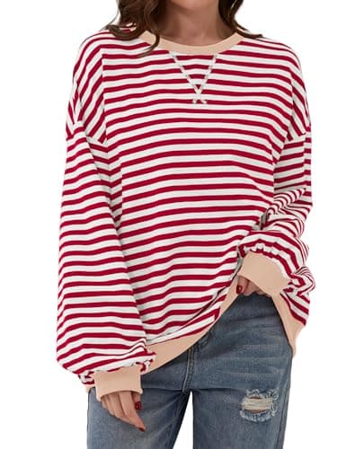 Image of TERIVEEK Women's 2000s Casual Loose Oversized Striped Crewneck Long-Sleeve Sweatshirt, Red/White, S