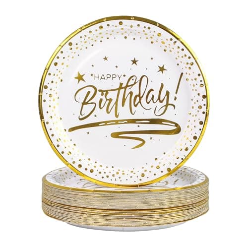 Image of 50PCS Happy Birthday Paper Plates 7 inch, Disposable White Gold Dessert Paper Plates Dinner Plates Cake Plate Party Supplies for Birthday Party Decorations (White)