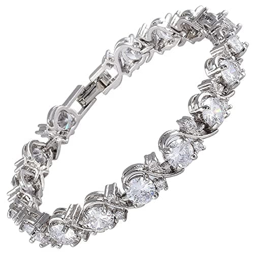 Image of RIZILIA BLOSSOM Round Simulated Topaz and Cubic Zirconia 18K White Gold Plated Tennis Bracelet, 7", Metal
