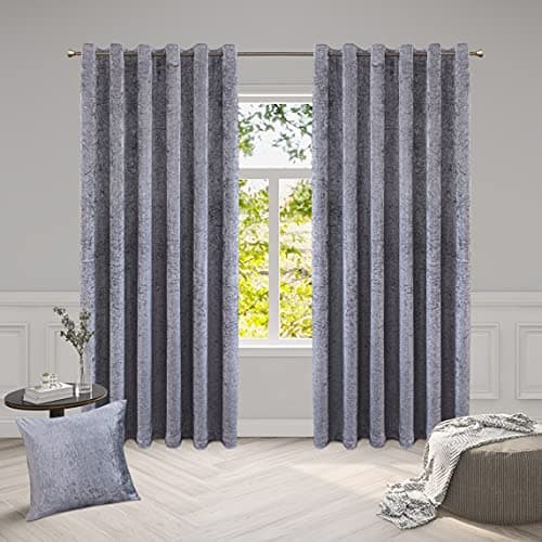 Image of ROOEE Luxury Crushed Velvet Curtains PAIR Fully Lined Eyelet Ring Top For Bedroom, Living Room, Kitchen, Office (Silver, 46" Wide x 54" Drop)