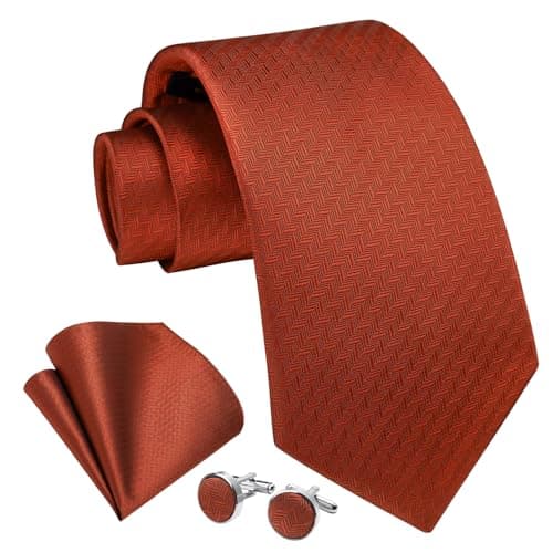 Image of Enlision Copper Ties for Men Wedding Burnt Orange Tie and Pocket Square Cufflinks Set Herringbone Rust Necktie with Handkerchief Party Formal