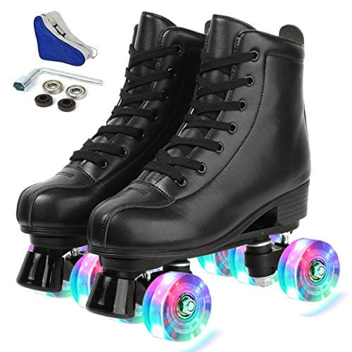 Image of XUDREZ Roller Skates for Women Man PU Leather Shiny Roller Skates Double Row Adjustable Quad Rollerskates for Boys Girls Beginner Outdoor Indoor with Carry Bag Black flashing wheel EUR40-Uk7