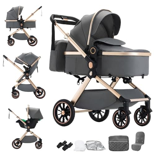 Image of Mobayta 3-in-1 Complete pram Set, 0-4 Years, up to 22 kg, Combi pram Travel Systems for Newborns and Infants (Dark GREY-U9-X, U9-X)