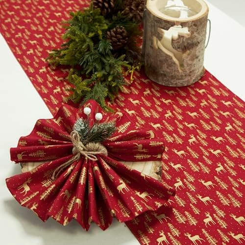 Image of Decor Essentials Christmas Reindeer Linen Table Runner and 6 Napkins Set Festive Dinner Christmas Decor (Red/Gold)