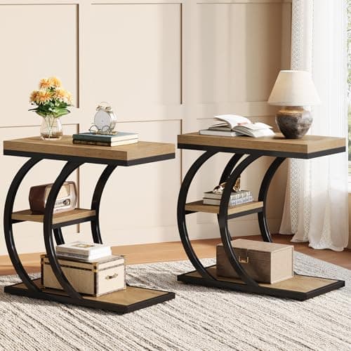 Image of Tribesigns C-Shaped Side Table, 3-Tier Narrow Wood Bedside Table, Small Coffee Sofa Table with Storage for Living Room, Industrial Nightstand for Bedroom, Small Spaces, Natural (2)