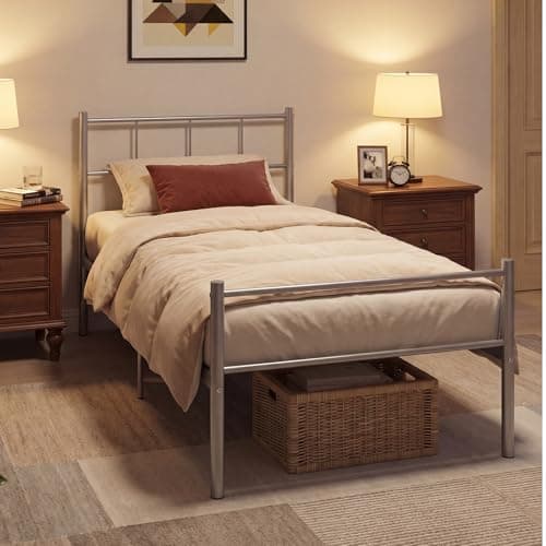 Image of Panana Single Metal Bed Frame, 3FT Modern Design Bed Base with Strong Metal Slats, Headboard and Footboard bedroom furniture for Kids Adults (Silver Grey)