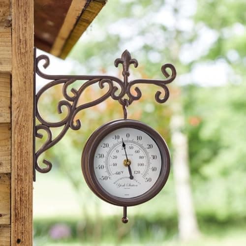 Image of Garden Mile Double Sided Station Clock and Thermometer Outside Clock and Thermometer for Garden Weatherproof Grden Wall Ornaments Thermometers Outdoor Clocks for Garden
