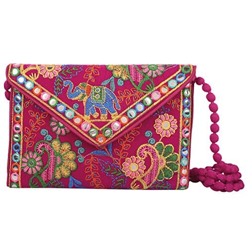 Image of Craft Trade Pink Clutch Purses for Women Rajasthani Hand Embroidered Mini Crossbody Bag Women's Cluches for Wedding Party Gifts