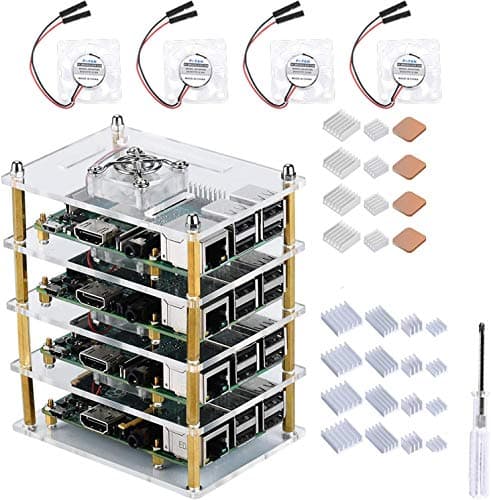 Image of GeeekPi Cluster Case with Cooling Fan and Heatsinks for Raspberry Pi 4, 4 Layers Acrylic Stackable Case for Raspberry Pi 4 Model B/3B+/3/2 Model B