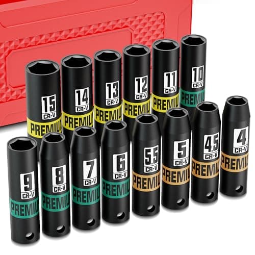 Image of Aurlloct 1/4" Drive Impact Socket Set,14Pcs Deep Sockets, 4-15 mm Hex Long Socket Set, for Home Repair Bicycle Maintenance