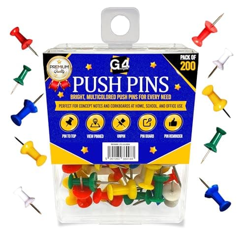 Image of G4GADGET Push Pins 200 Pack – Assorted Colour Thumb Tacks for Cork Board, Map & Notice Board | Drawing Pins with Storage Box for Office, Home, Classroom & Crafts