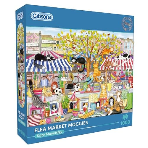 Image of Gibsons Flea Market Moggies 1000 Piece Puzzle for Adults – Charming Cats & Market Scene by Kate Mawdsley – Sustainable UK/EU Made – Ideal Cat Lovers Gift