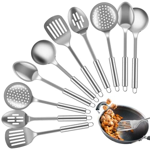 Image of 10Pcs Stainless Steel Kitchen Utensils Set, Heat Resistant Spoons Spatula Set with Hanging Hole, Non-Stick Cooking Tools, Kitchen Tools Gadgets Set for Cooking,Dishwasher Safe (10PCS)
