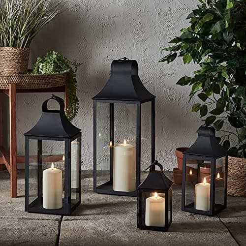 Image of Lights4fun Set of 4 Outdoor Garden Classic Black Metal Decorative Lanterns with TruGlow® LED Candles Battery Operated Timer