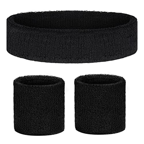 Image of Flintronic Set of 3 Sweatbands, Soft Cotton Fitness Headband and Wristbands, Absorbs Quickly, Ideal for Football, Unisex-Black