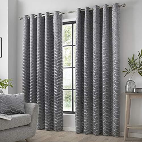 Image of Curtina - Luxury Dark Silver Curtains W46 x L72" (117 x 183cm) - Grey Geometric Curtains - Eyelet Curtains in Charcoal - Jacquard Curtains & Drapes for Bedroom/Living Room - Dark Grey Leaf Curtains