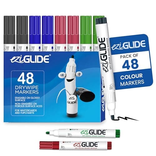 Image of Eziglide Assorted Bullet Tip Drywipe Whiteboard Pens, Bulk Pack of 48 Assorted Colour Markers, No Residue Ink, Hard-wearing Fibre Medium Bullet Tip Dry Wipe Pen, Black, Red, Blue and Green