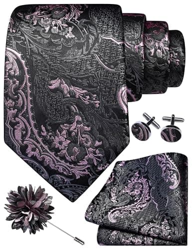 Image of Gusleson Grey Pink Tie Set for Men Silk Paisley Necktie Pocket Square Cufflinks and Lapel Pin Brooch Set for Wedding (UK6114-31)