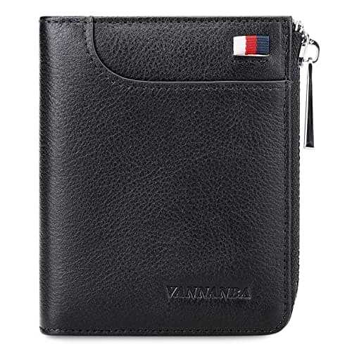 Image of VANNANBA Mens Genuine Leather Zipper Wallet RFID Blocking Bifold Zip Around Wallets Multi Credit Card Holder with Coin Pocket & Bill Compartment, Black, Retro