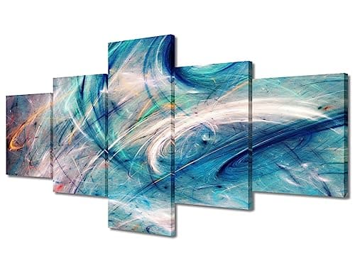 Image of TISHIRON 5 Pieces Framed Canvas Wall Art Blue Colorful Abstract Wall Art Painting Print Home Decor Modern Artwork for Bedroom Living Room Modern House Decorations Stretched Ready to Hang(50" Wx24 H)