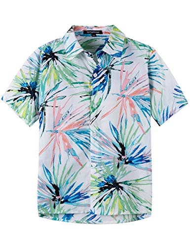 Image of Spring&Gege Boys' Short Sleeve Button Down Fun Hawaiian Shirt Cartoon Print Aloha Dress Shirts, White Leaf, 9-10 Years