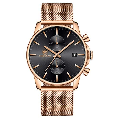 Image of Affute Mens Fashion Sport Quartz Analog Black Mesh Stainless Steel Waterproof Chronograph Automatic Date Watch, Rose Gold Black, Classic