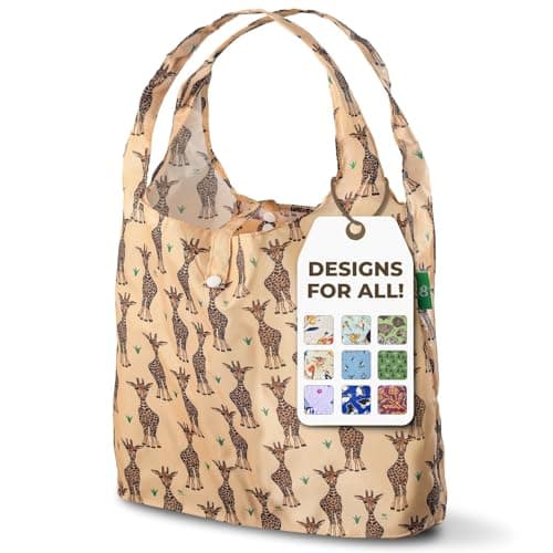 Image of ECO CHIC Lightweight Foldable Reusable Shopping Bag Water Resistant Tote Bag (Giraffes Beige)