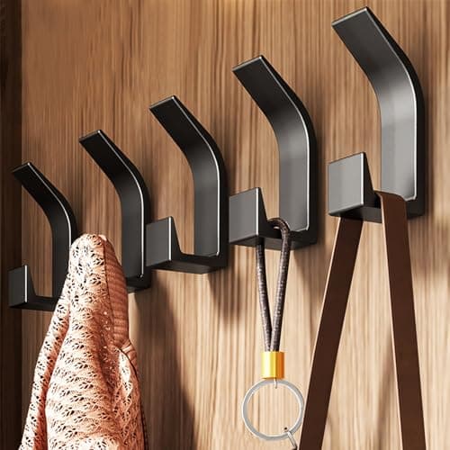Image of QMAHA 5 Pack Black Coat Hooks, Double Prong Coat Hangers Wall Mounted, Heavy Duty Coat Hooks Wall Mounted, Sturdy Metal Hanger Wall Hooks for Hanging with Screws for Bathroom Bedroom (Matte Black)