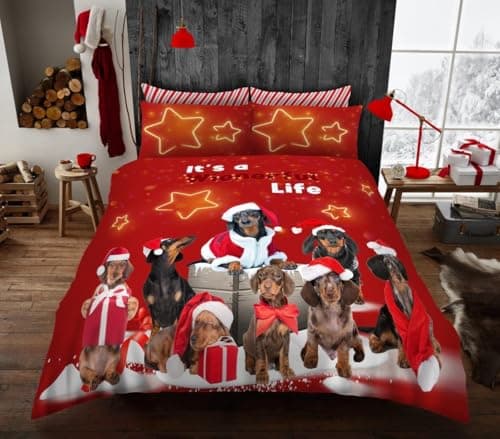 Image of GC GAVENO CAVAILIA Christmas Xmas Duvet Set, Polycotton Fabric Bedding Quilt Covers, Washable Printed Bed Set, Naughty Xmas Dogs, Double