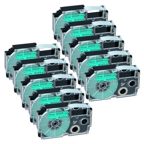 Image of NineLeaf Compatible for Casio Label Maker XR-12GN XR-12GN1 12mm x 8m Black On Green Label Tapes for Casio KL-60 100 120 200 300 750 780 820 2000 7000 7200 7400 8100 8200 P1000 Label Printers, 10PK