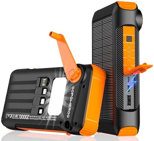 Image of OOPOWEROO Solar Power Bank 20000mAh Built in Hand Crank and 4 Cables 22.5W Fast Charge Power Bank 5 Outputs & 5 Inputs Solar Portable Charger, SOS/Strobe/Strong Flashlights, Carabiner (Orange)