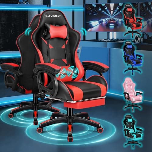 Image of ELFORDSON Gaming Chair with 2-point Massage Lumbar Cushion, High Back PC Computer Game Chair, 150° Reclining Office Chair with Headrest & Footrest, 360° Swivel, Home Esports, PU Leather, Red
