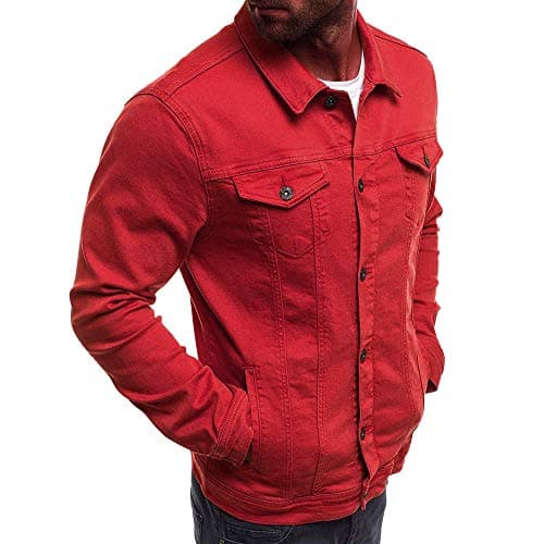 Image of Generic Men's Vintage Fashion Denim Shirt - Long Sleeve, Red, Size L, Loose Fit, Solid, Chest Pocket, Collared Neck, Button Down, Western Style, Casual Everyday Wear