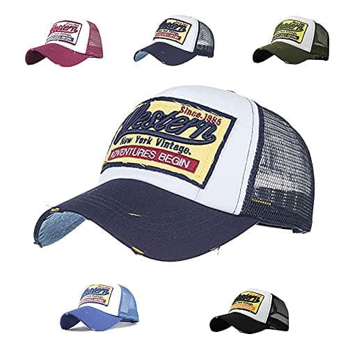Image of CheChury Unisex Baseball Cap Foldable Mesh Hats Vintage Trucker Cap Embroidered Distressed Casual Outdoor Sport Hats Navy