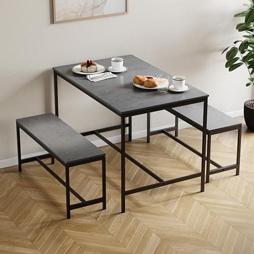 Image of Vida Designs Roslyn 4 Seater Dining Set | Concrete Grey | 3 Piece Dining Room Complete Set | 75H x 110W x 70D cm | with 2 Benches | Rustic | Solid Metal Frame | Industrial Design